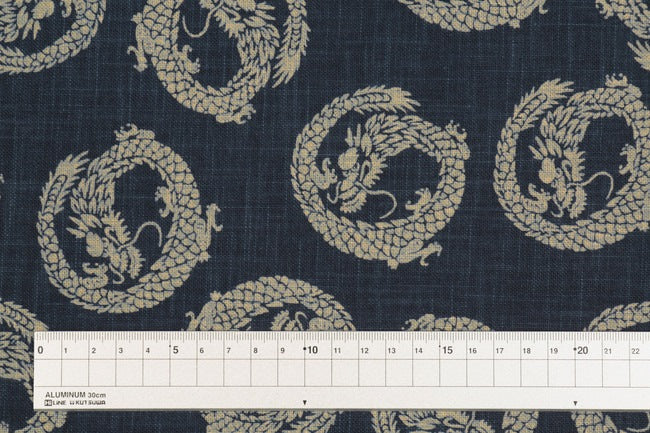 ムラ糸藍染調プリント(龍輪)[F4-kp7090-88]