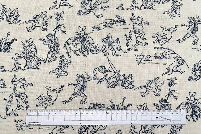 ムラ糸藍染調プリント(鳥獣戯画)[F4-kw7070-7]