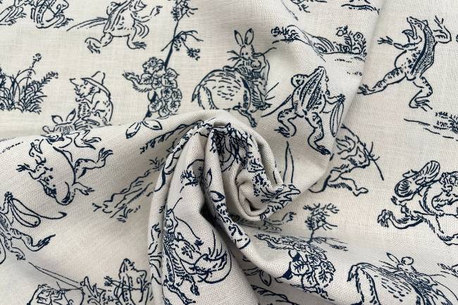 ムラ糸藍染調プリント(鳥獣戯画)[F4-kw7070-7]