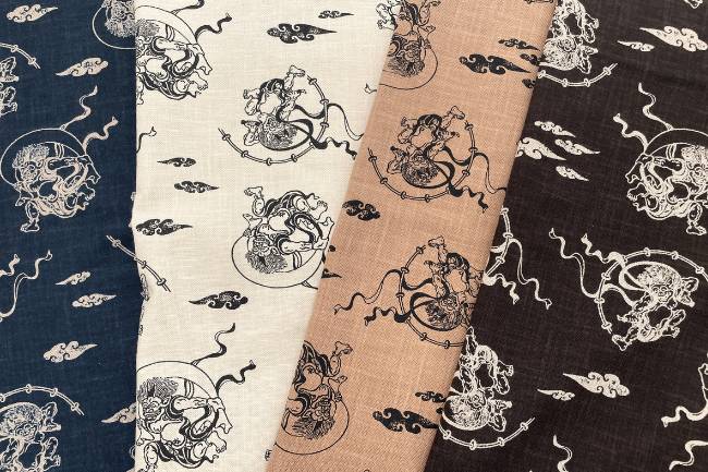 ムラ糸藍染調プリント(風神雷神)[F4-kw7070-8]