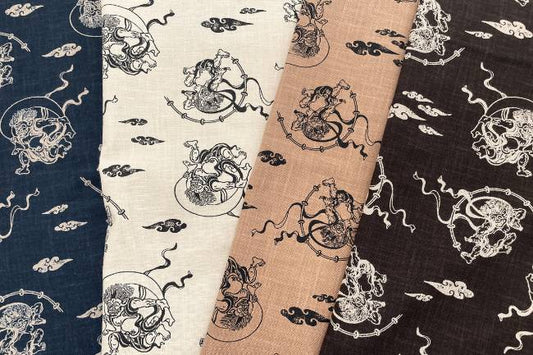 ムラ糸藍染調プリント(風神雷神)[F4-kw7070-8]