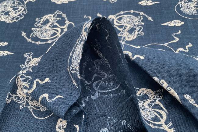 ムラ糸藍染調プリント(風神雷神)[F4-kw7070-8]