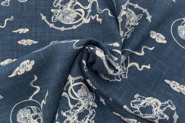 ムラ糸藍染調プリント(風神雷神)[F4-kw7070-8]