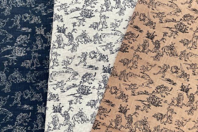 ムラ糸藍染調プリント(鳥獣戯画小)[F4-kw7070-9]