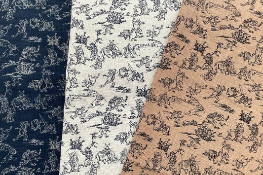 ムラ糸藍染調プリント(鳥獣戯画小)[F4-kw7070-9]