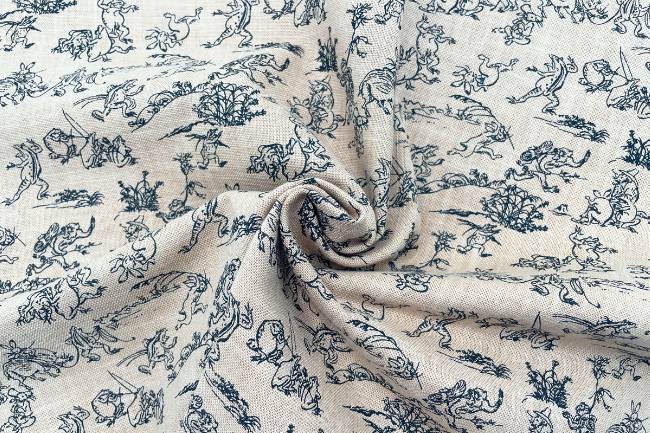 ムラ糸藍染調プリント(鳥獣戯画小)[F4-kw7070-9]