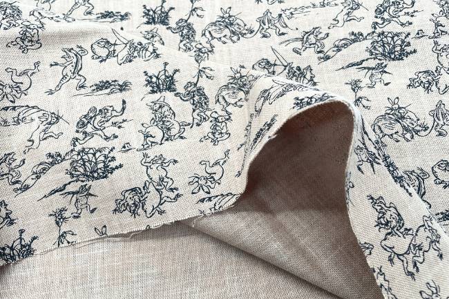 ムラ糸藍染調プリント(鳥獣戯画小)[F4-kw7070-9]