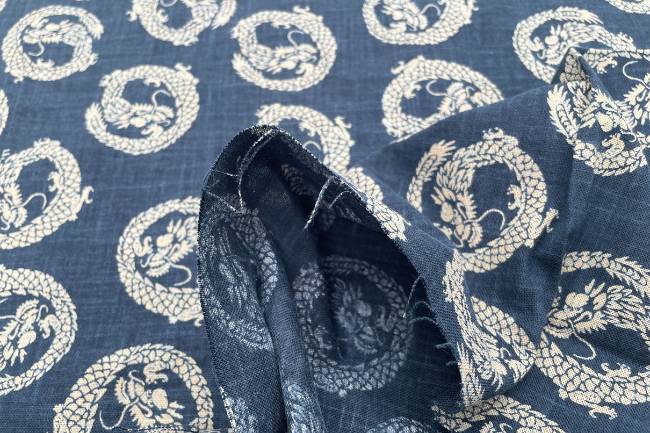 ムラ糸藍染調プリント(龍輪)[F4-kw7070-5]