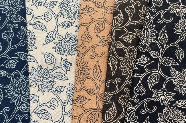 ムラ糸藍染調プリント(花唐草)[F4-kw7750-2]