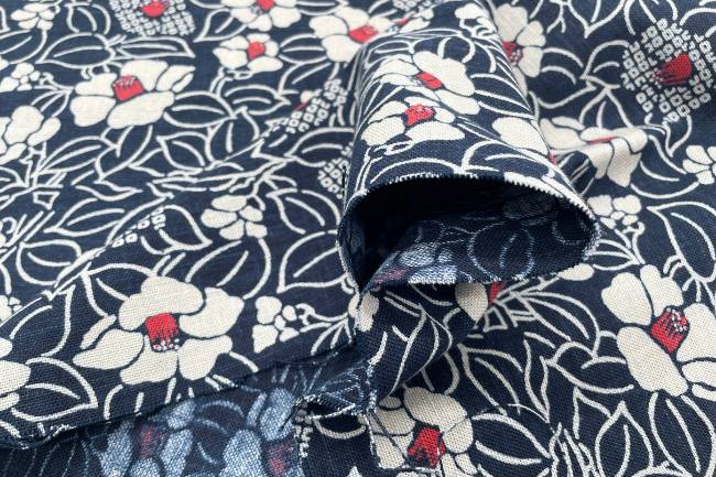 ムラ糸藍染調プリント(椿)[F4-kw7750-7]