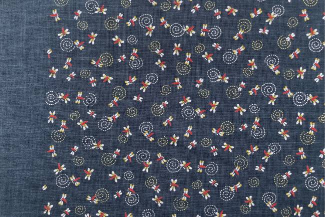 ムラ糸藍染調プリント(とんぼに渦巻)[F4-kp7090-111]
