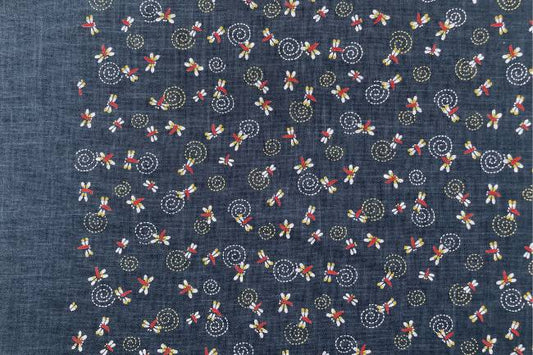 ムラ糸藍染調プリント(とんぼに渦巻)[F4-kp7090-111]