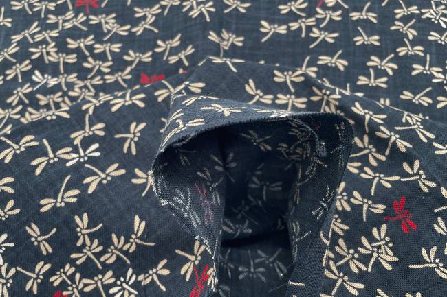 ムラ糸藍染調プリント(とんぼ赤入り)[F4-kp7090-131]