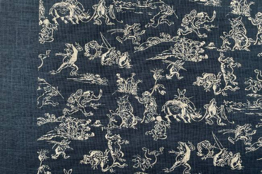 ムラ糸藍染調プリント(鳥獣戯画)[F4-kp7090-129]