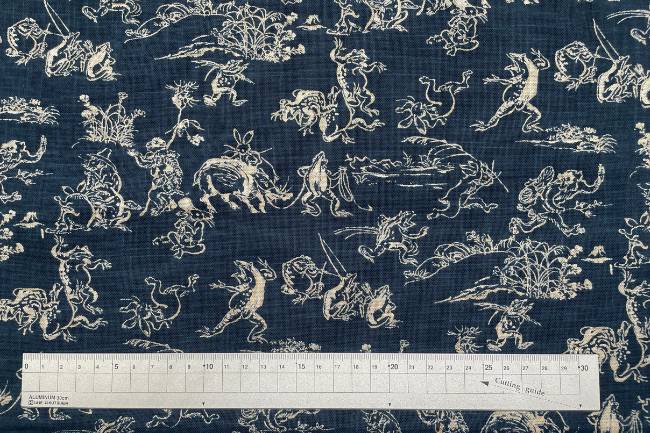 ムラ糸藍染調プリント(鳥獣戯画)[F4-kp7090-129]